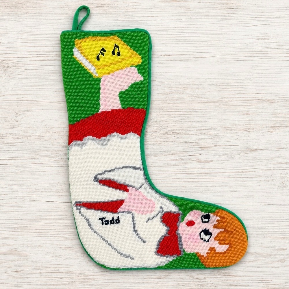 Vintage Needlepoint Christmas Stocking Todd Boy Music Book Green Velvet 19 Inch